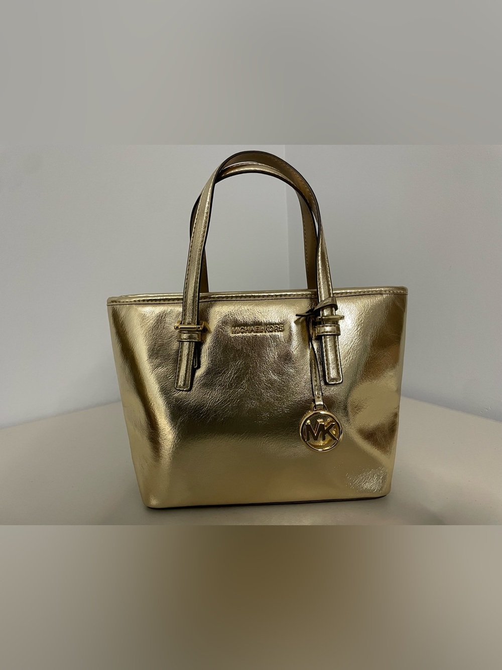 Michael Kors Jet Set Travel pale gold metallic tote NWT